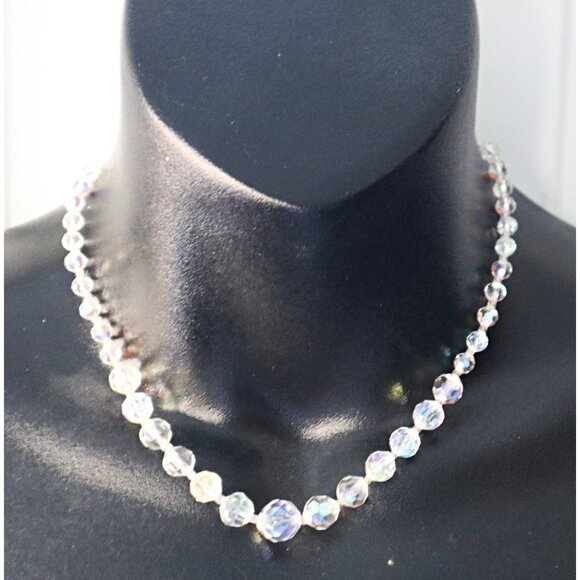 Vintage Crystal Aurora Borealis Choker Necklace Graduated Crystal Beads Rhinesto - Picture 2 of 3